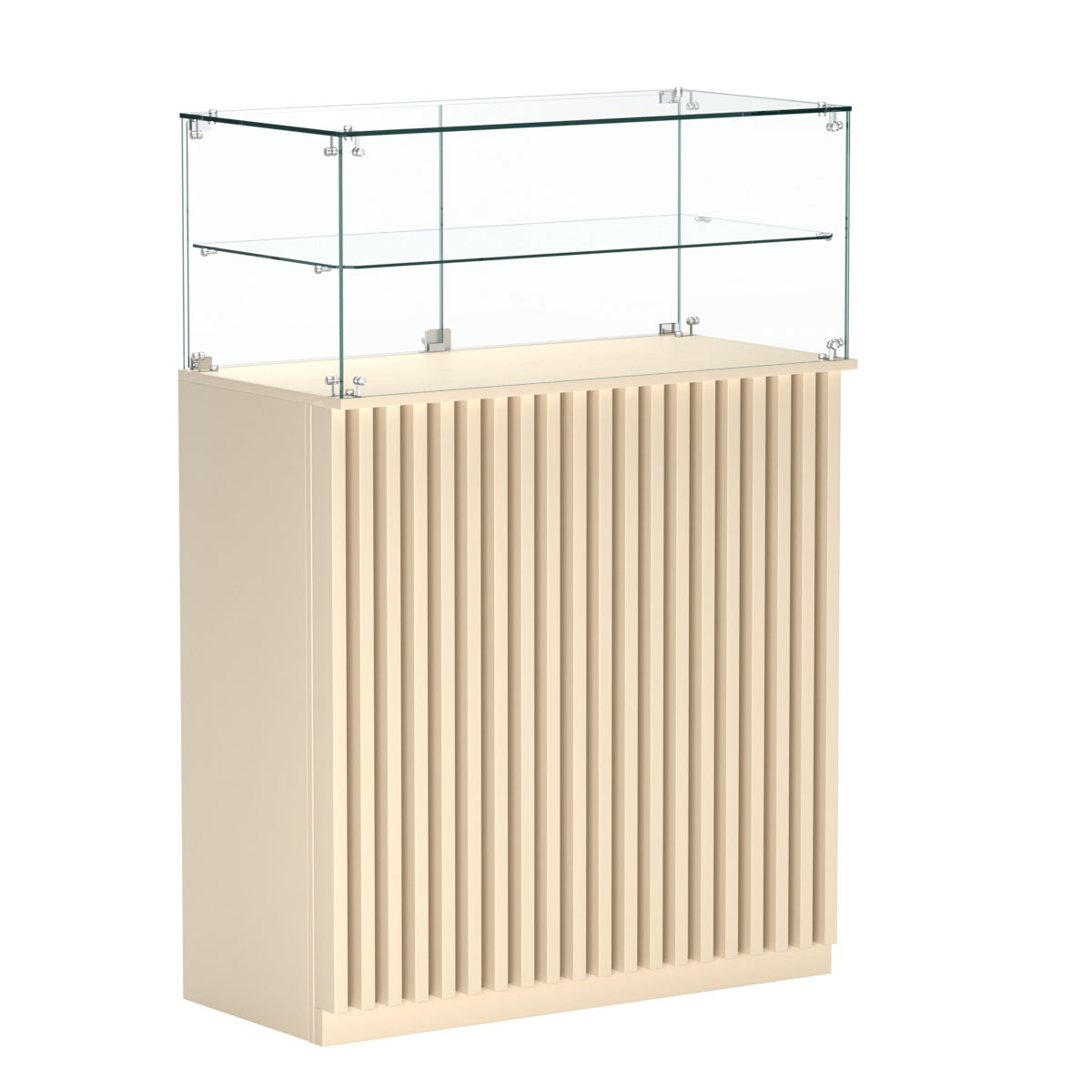 Торговый прилавок прямоугольный с планками и одной полкой ВЕРТИКАЛЬ №2 Крем Вайс