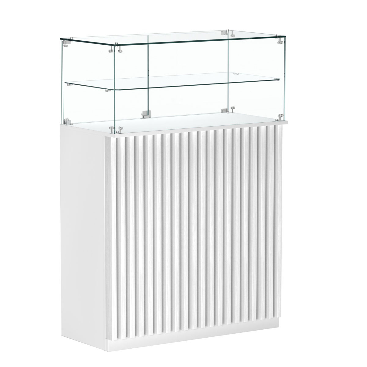 Торговый прилавок прямоугольный с планками и одной полкой ВЕРТИКАЛЬ №2 Белый