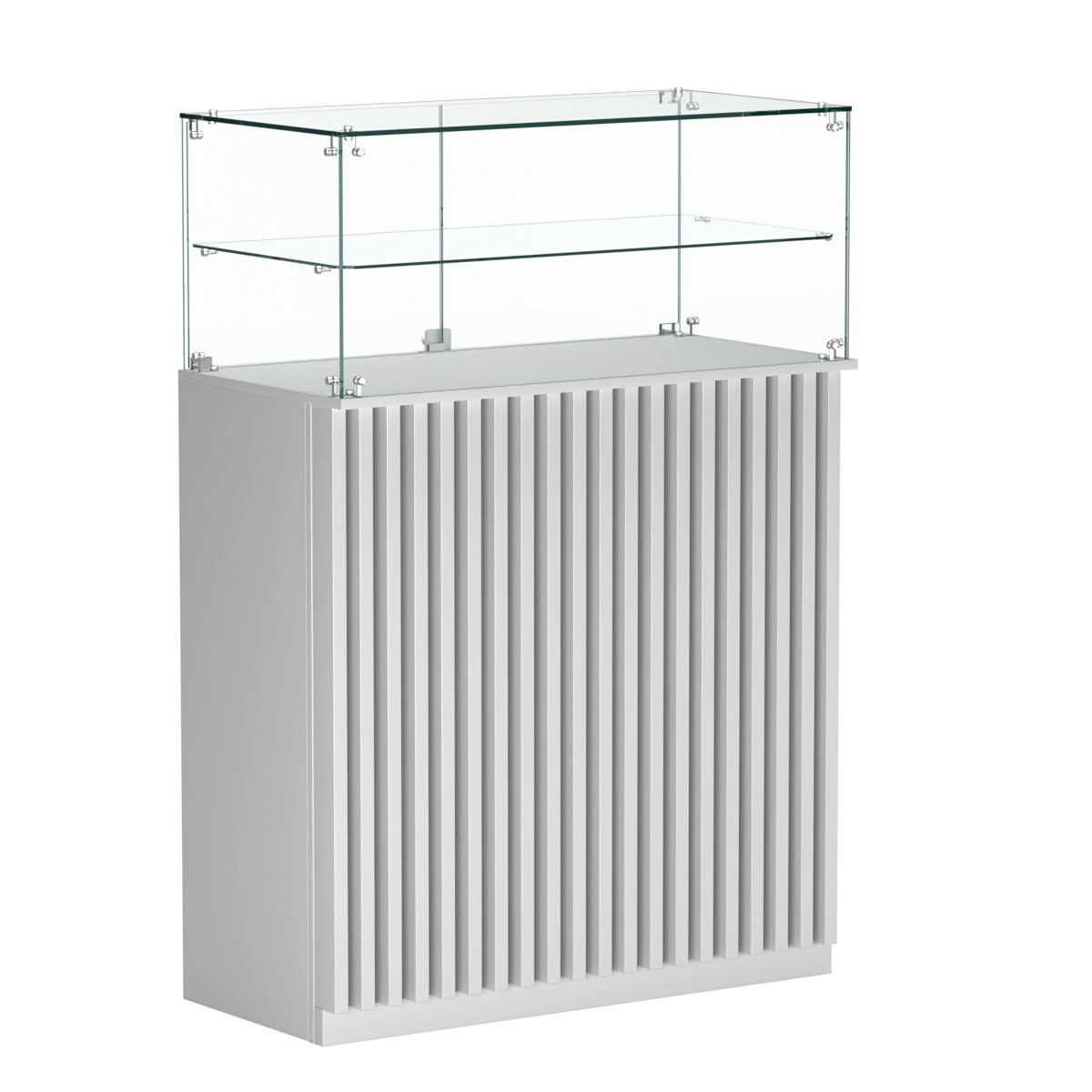 Торговый прилавок прямоугольный с планками и одной полкой ВЕРТИКАЛЬ №2 Серый