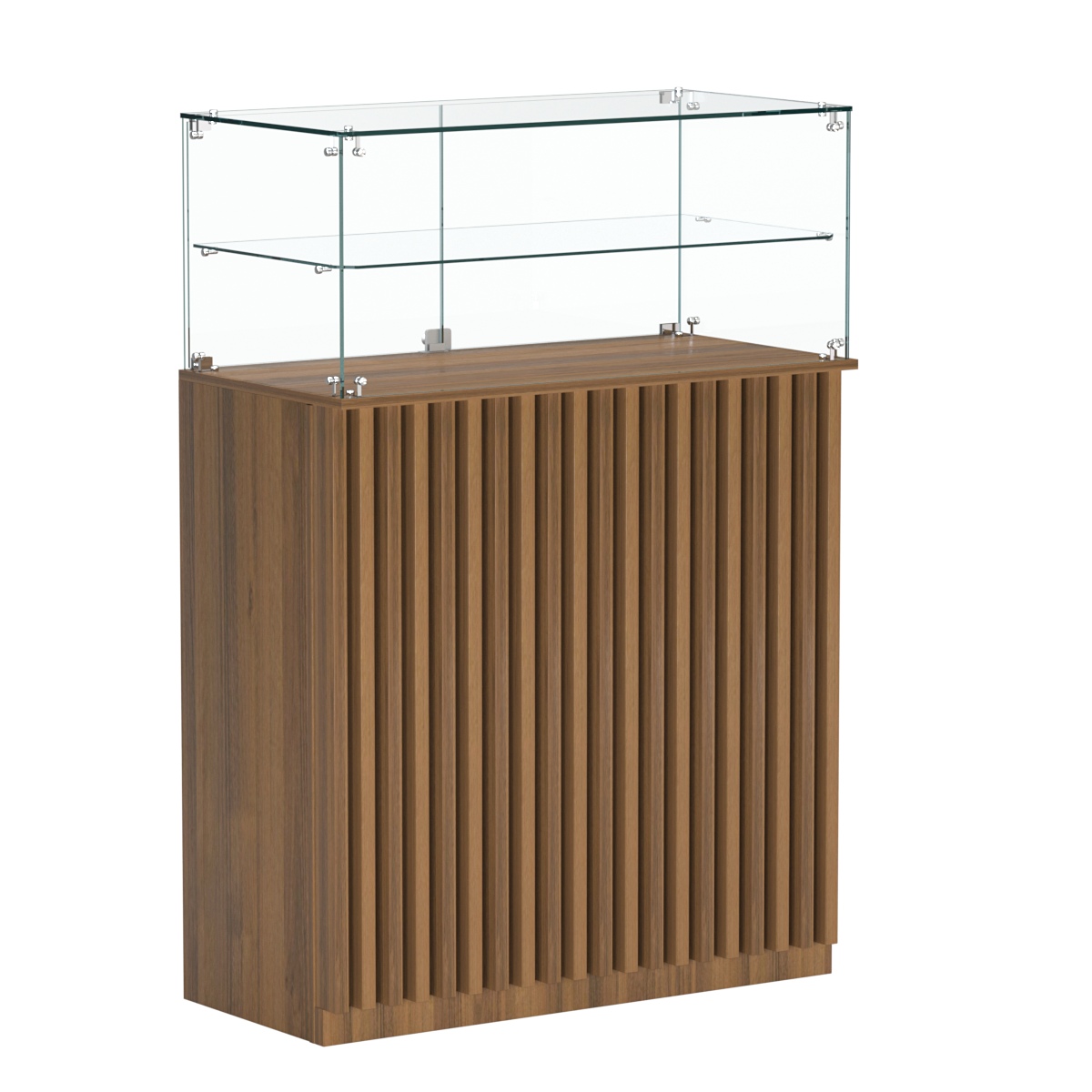 Торговый прилавок прямоугольный с планками и одной полкой ВЕРТИКАЛЬ №2 Орех