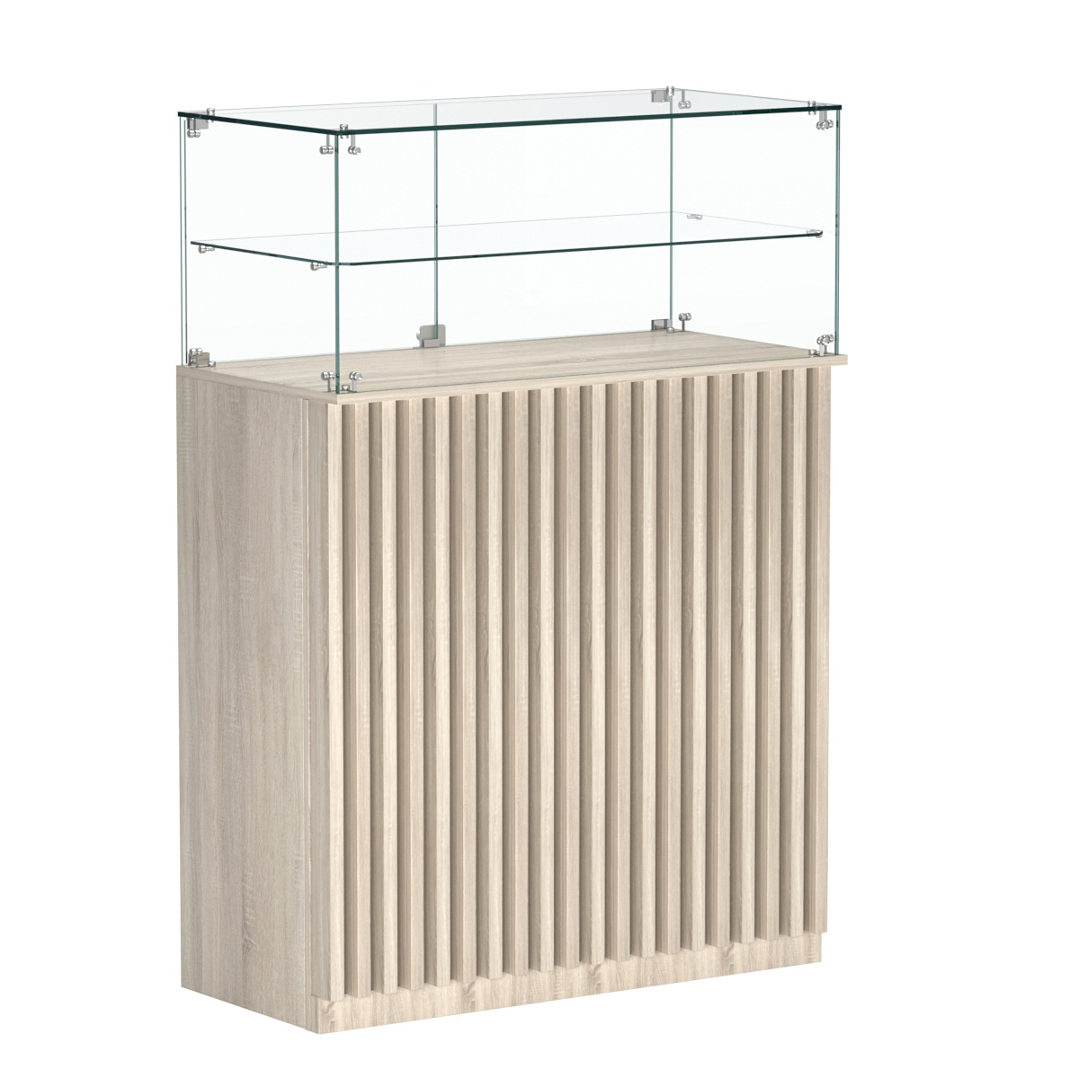 Торговый прилавок прямоугольный с планками и одной полкой ВЕРТИКАЛЬ №2 Дуб сонома