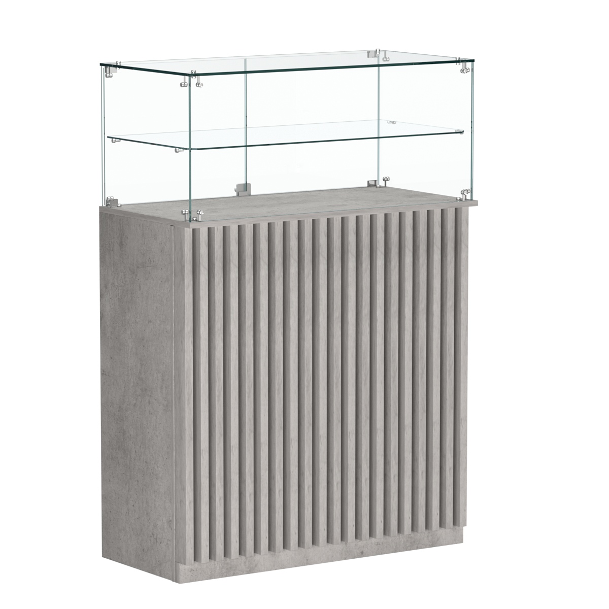 Торговый прилавок прямоугольный с планками и одной полкой ВЕРТИКАЛЬ №2 Бетон Чикаго светло-серый F186 ST9