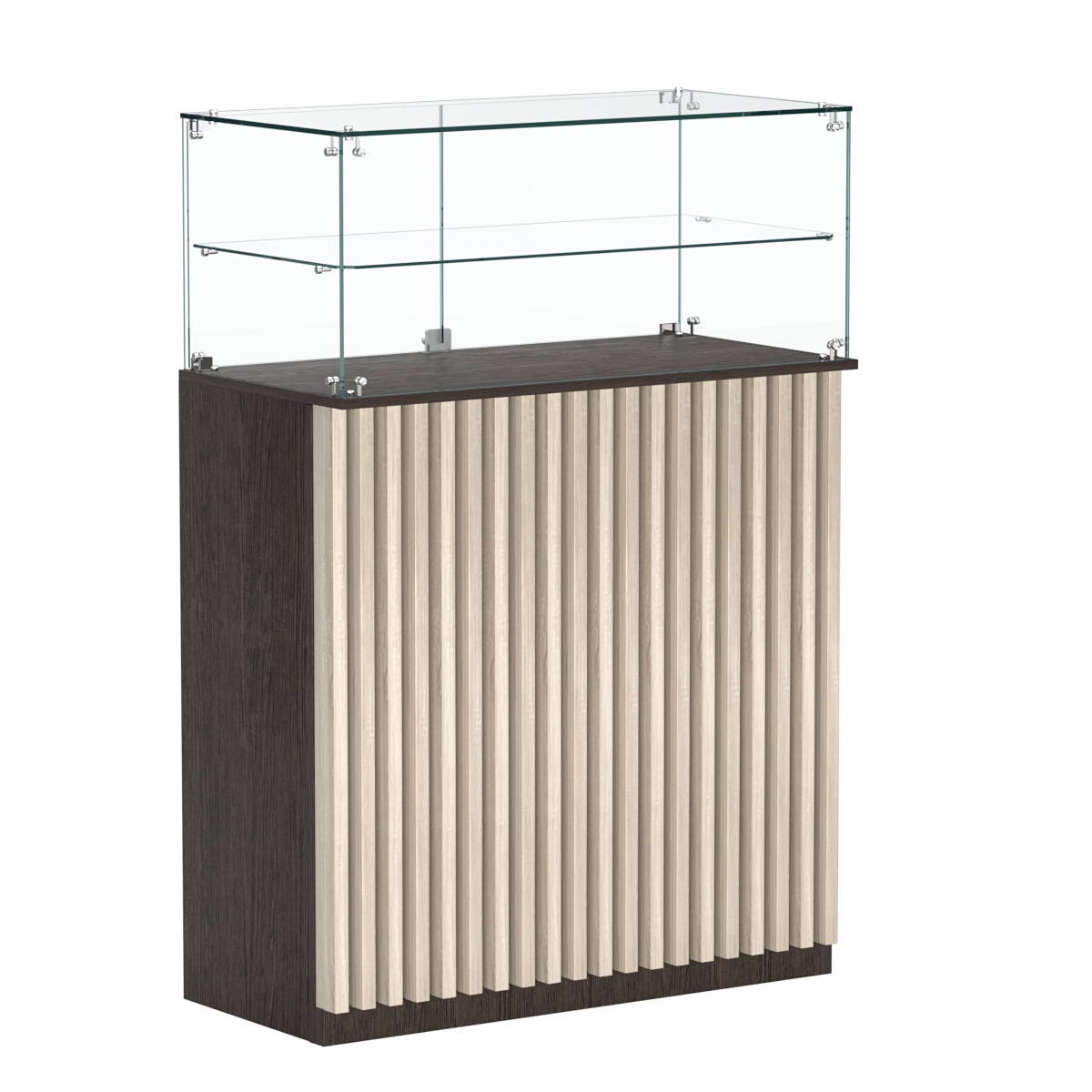 Торговый прилавок прямоугольный с планками и одной полкой ВЕРТИКАЛЬ №2 Дуб Венге и Дуб Сонома