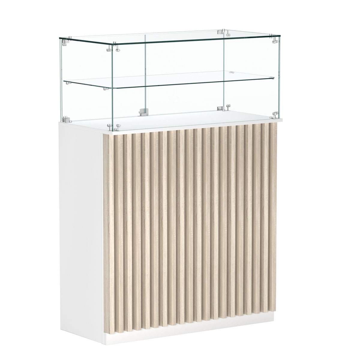 Торговый прилавок прямоугольный с планками и одной полкой ВЕРТИКАЛЬ №2 Белый + Дуб Сонома