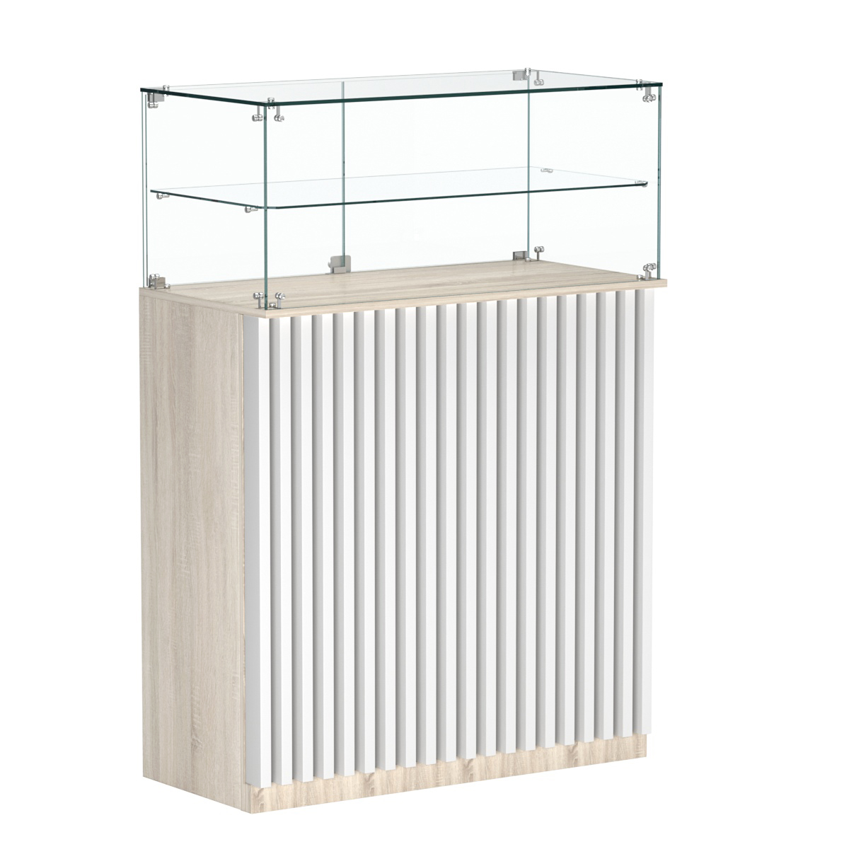 Торговый прилавок прямоугольный с планками и одной полкой ВЕРТИКАЛЬ №2 Дуб Сонома + Белый