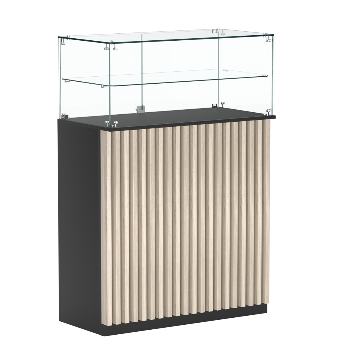 Торговый прилавок прямоугольный с планками и одной полкой ВЕРТИКАЛЬ №2 Черный + Дуб Сонома