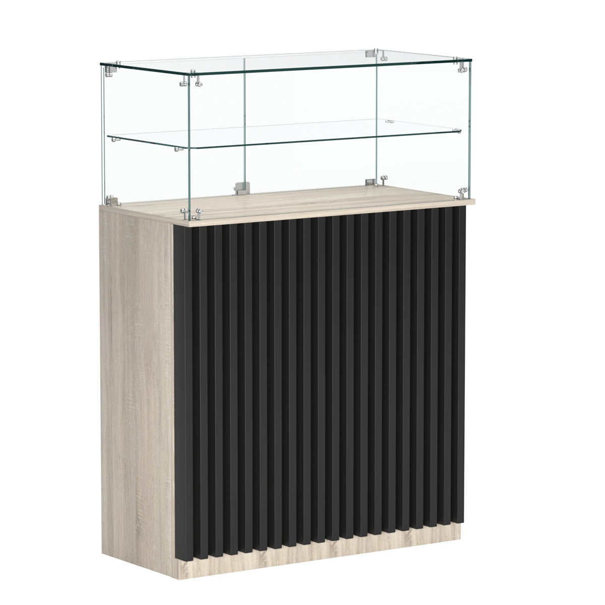 Торговый прилавок прямоугольный с планками и одной полкой ВЕРТИКАЛЬ №2 Дуб Сонома + Черный