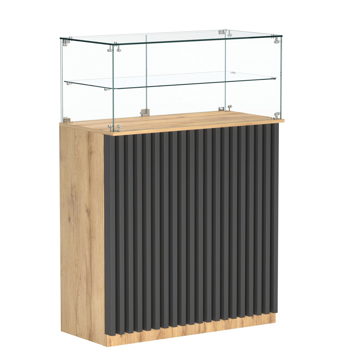 Торговый прилавок прямоугольный с планками и одной полкой ВЕРТИКАЛЬ №2 Дуб Золотистый и Темно-Серый