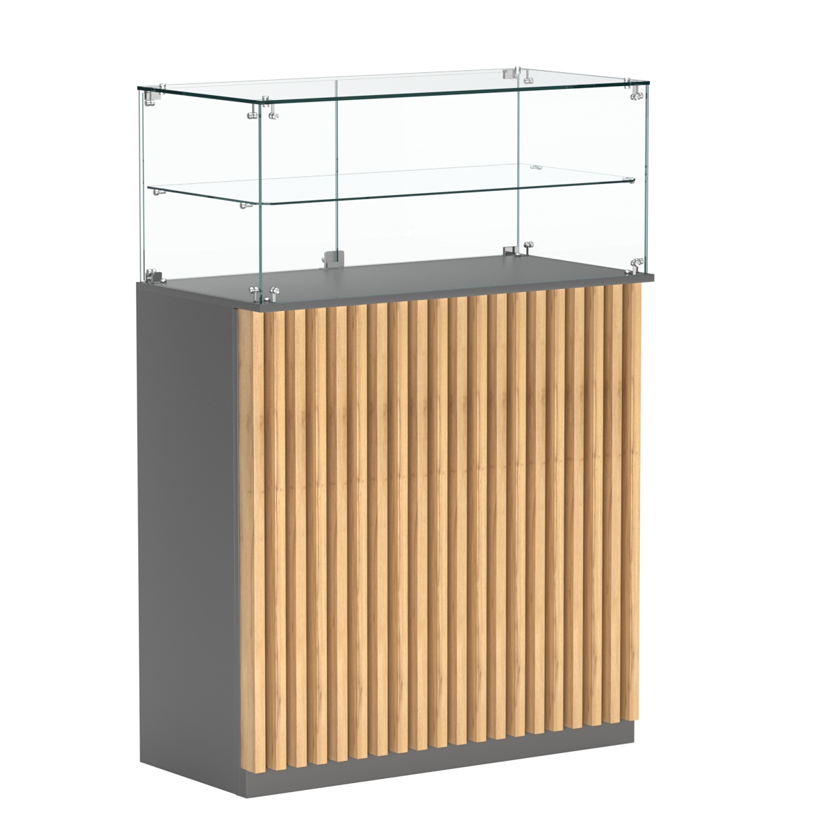 Торговый прилавок прямоугольный с планками и одной полкой ВЕРТИКАЛЬ №2 Темно-серый и Дуб Золотистый