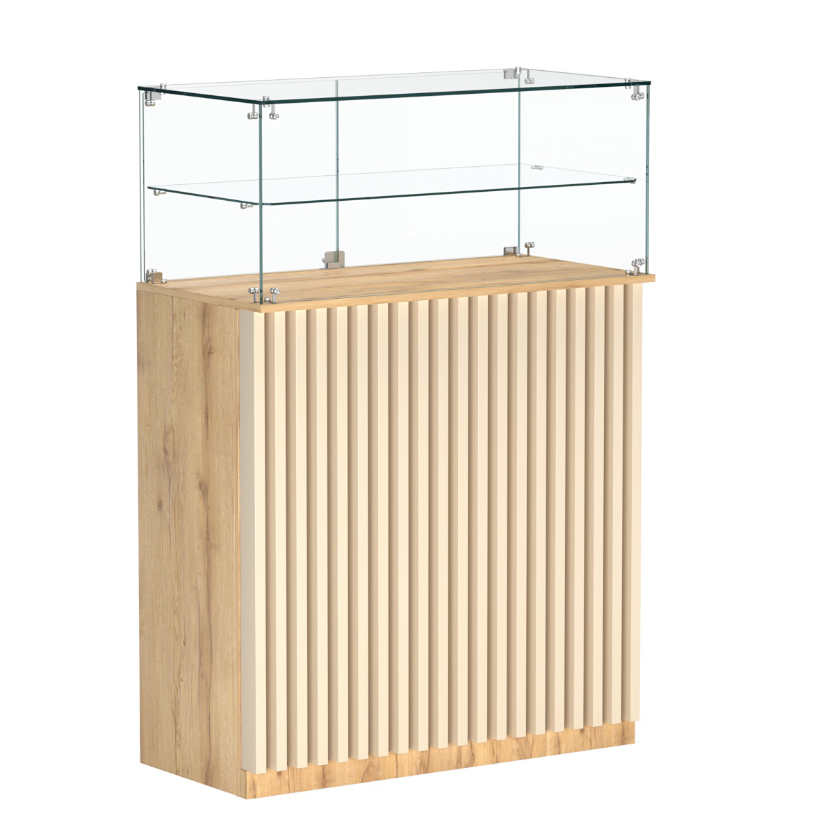 Торговый прилавок прямоугольный с планками и одной полкой ВЕРТИКАЛЬ №2 Дуб Золотистый и Крем Вайс