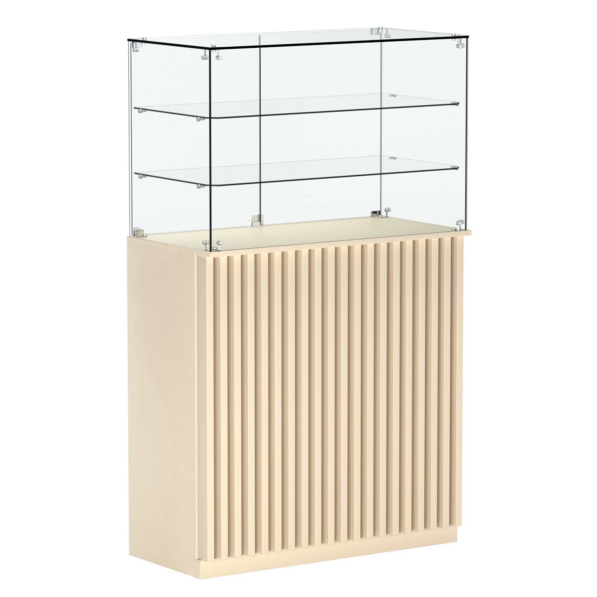 Торговый прилавок прямоугольный с планками и двумя полками ВЕРТИКАЛЬ №3 Крем Вайс