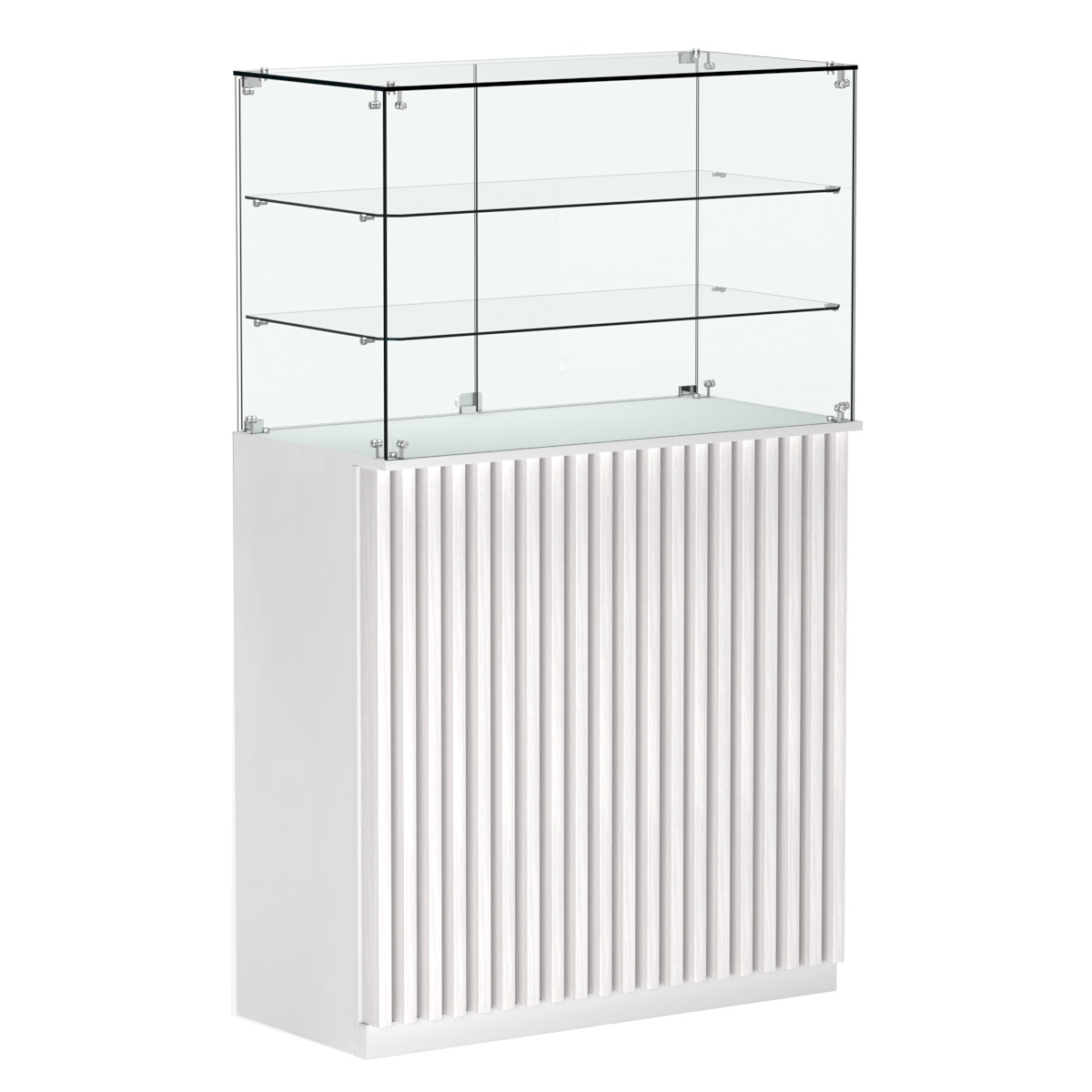 Торговый прилавок прямоугольный с планками и двумя полками ВЕРТИКАЛЬ №3 Белый