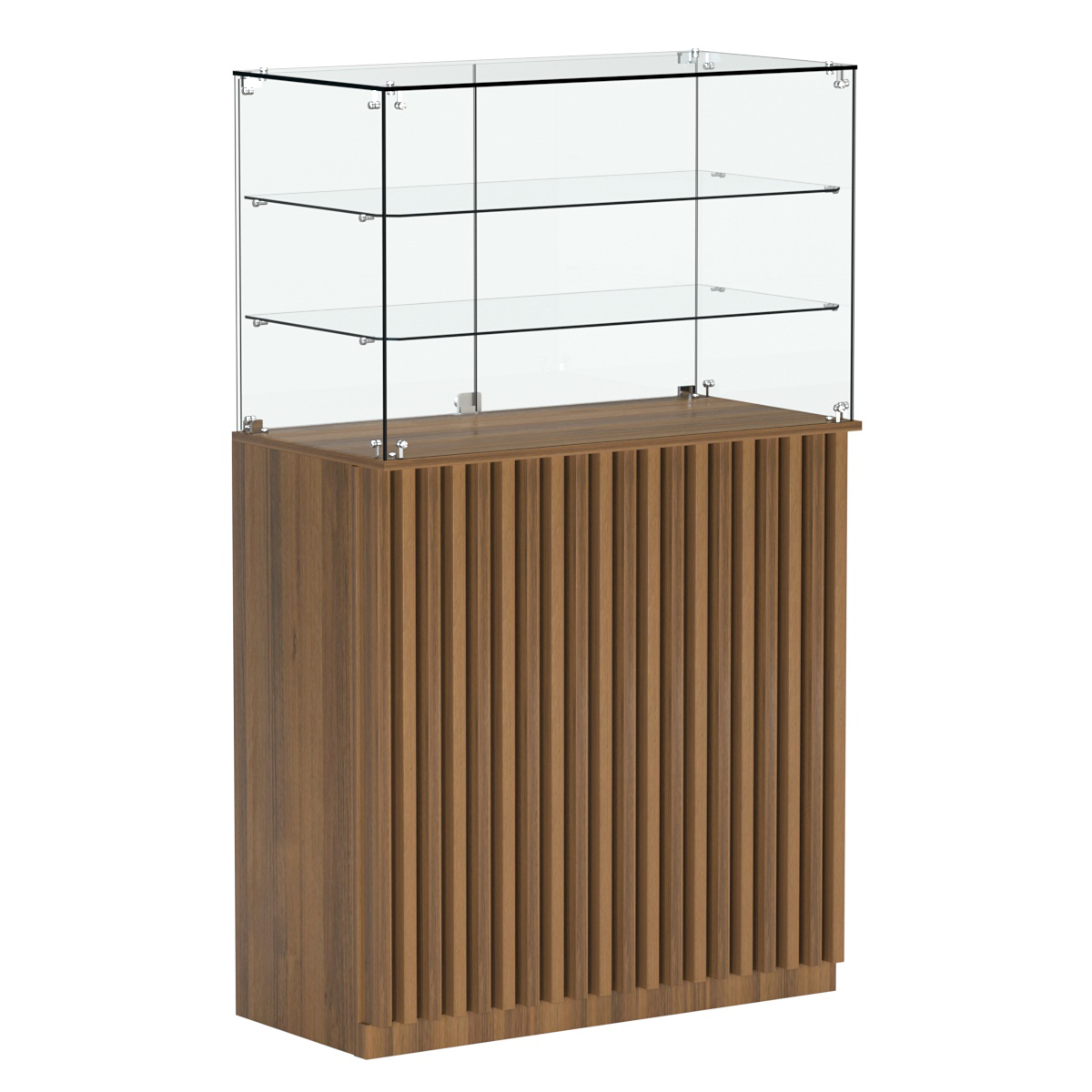 Торговый прилавок прямоугольный с планками и двумя полками ВЕРТИКАЛЬ №3 Орех