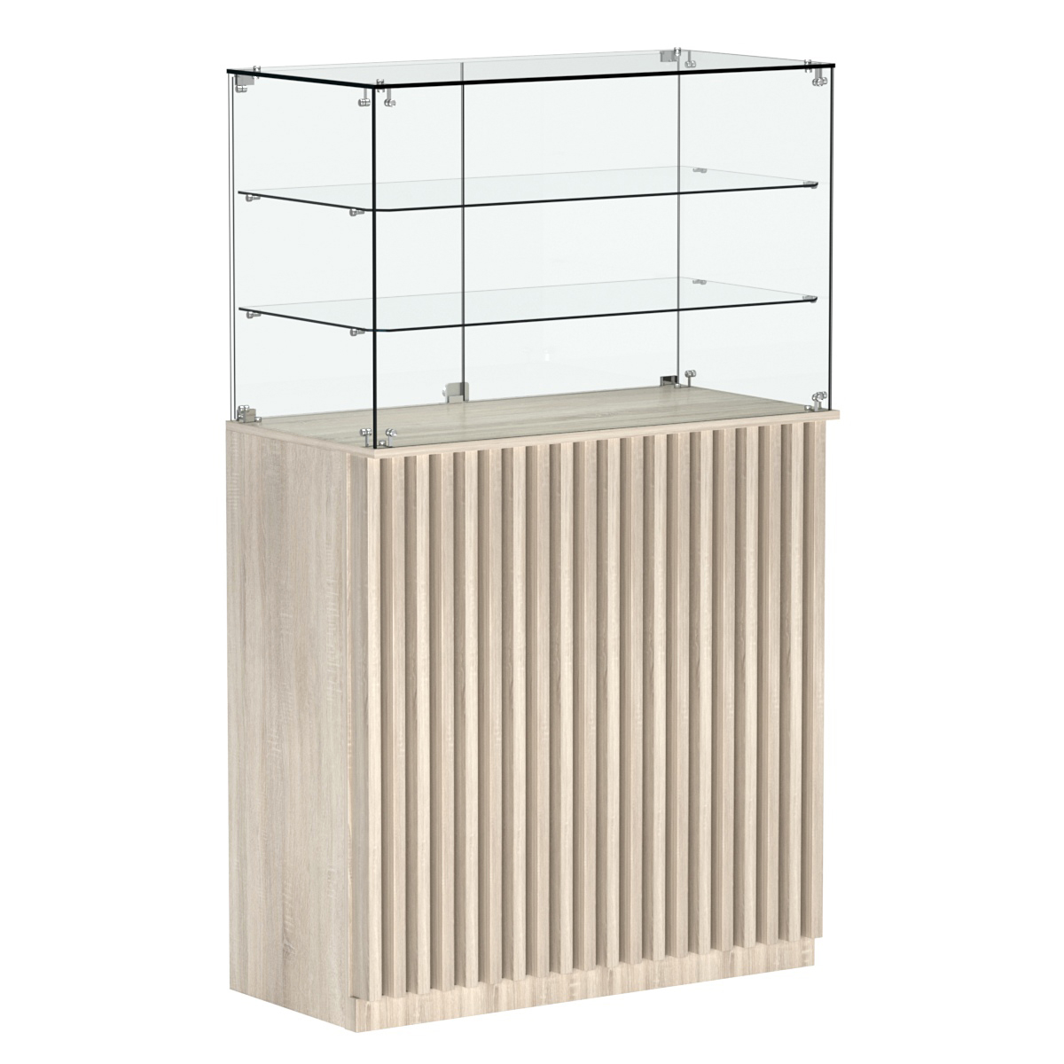 Торговый прилавок прямоугольный с планками и двумя полками ВЕРТИКАЛЬ №3 Дуб сонома