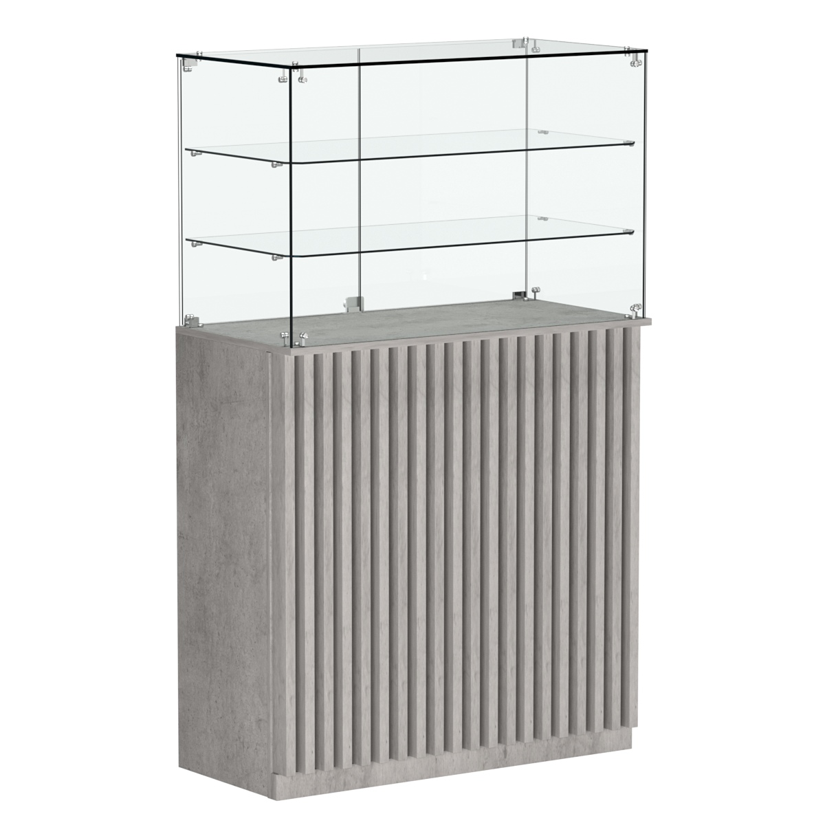 Торговый прилавок прямоугольный с планками и двумя полками ВЕРТИКАЛЬ №3 Бетон Чикаго светло-серый F186 ST9