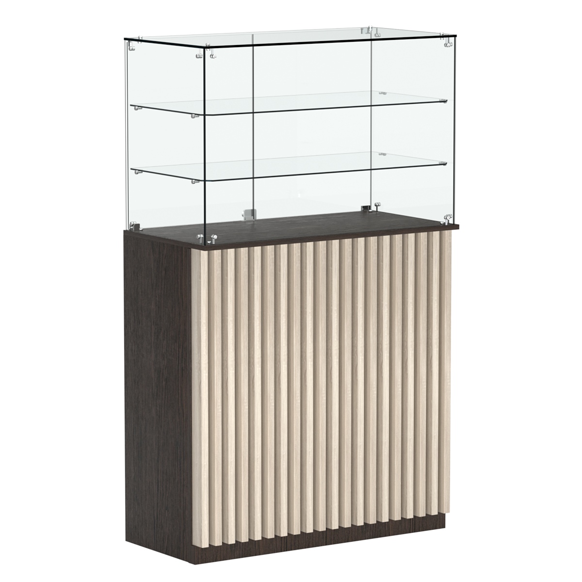 Торговый прилавок прямоугольный с планками и двумя полками ВЕРТИКАЛЬ №3 Дуб Венге и Дуб Сонома