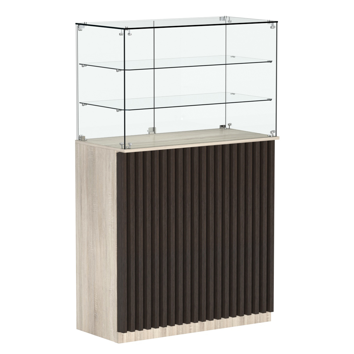 Торговый прилавок прямоугольный с планками и двумя полками ВЕРТИКАЛЬ №3 Дуб Сонома + Дуб Венге