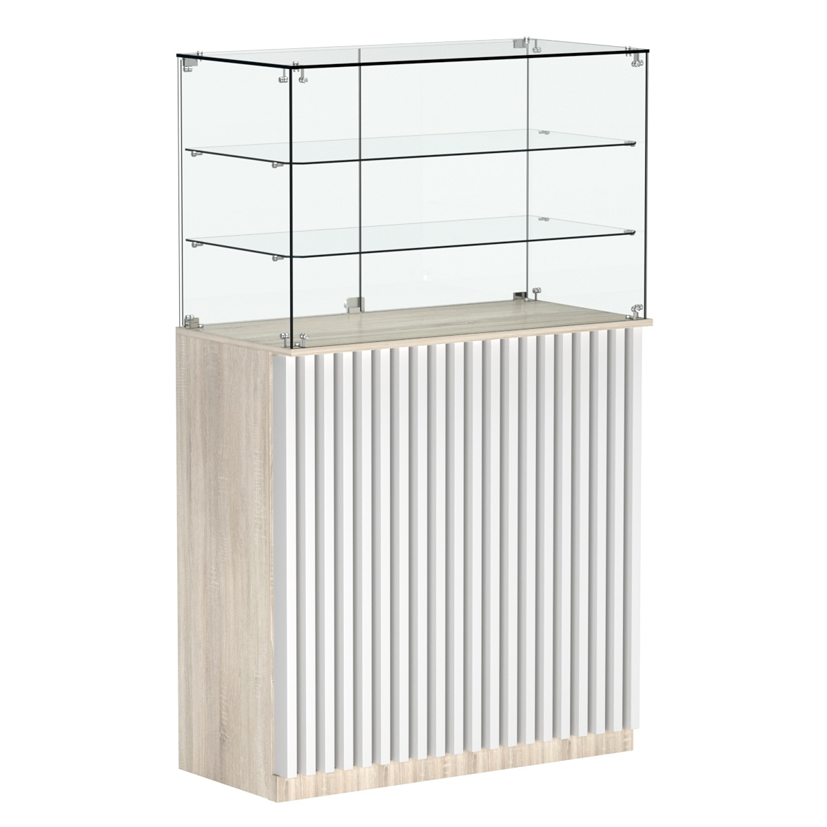 Торговый прилавок прямоугольный с планками и двумя полками ВЕРТИКАЛЬ №3 Дуб Сонома + Белый