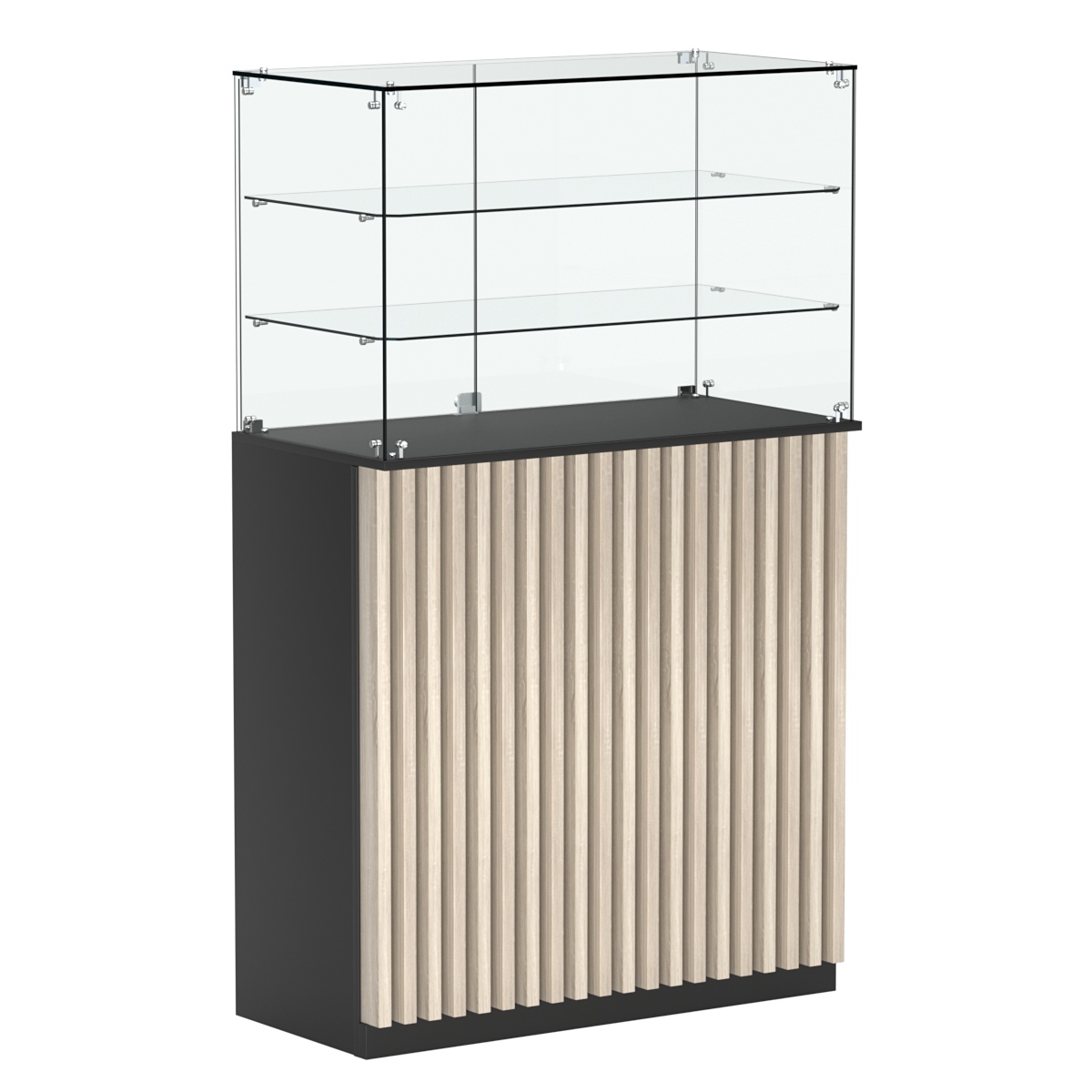 Торговый прилавок прямоугольный с планками и двумя полками ВЕРТИКАЛЬ №3 Черный + Дуб Сонома