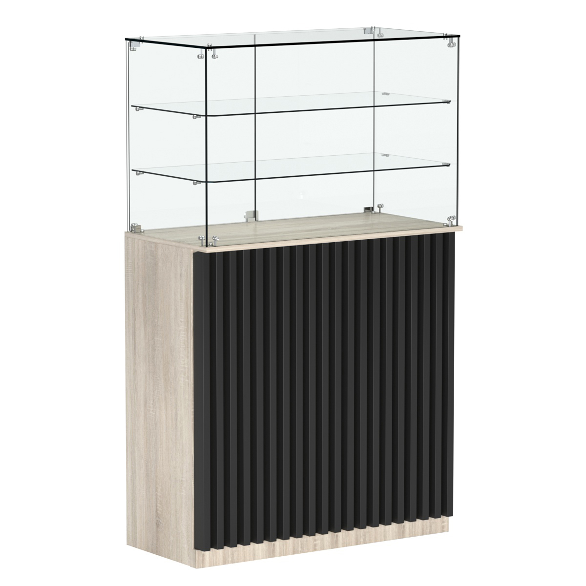 Торговый прилавок прямоугольный с планками и двумя полками ВЕРТИКАЛЬ №3 Дуб Сонома + Черный