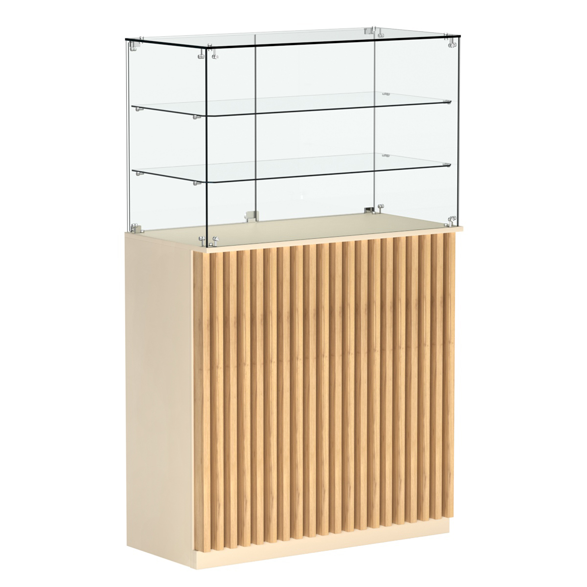 Торговый прилавок прямоугольный с планками и двумя полками ВЕРТИКАЛЬ №3 Крем Вайс и Дуб Золотистый