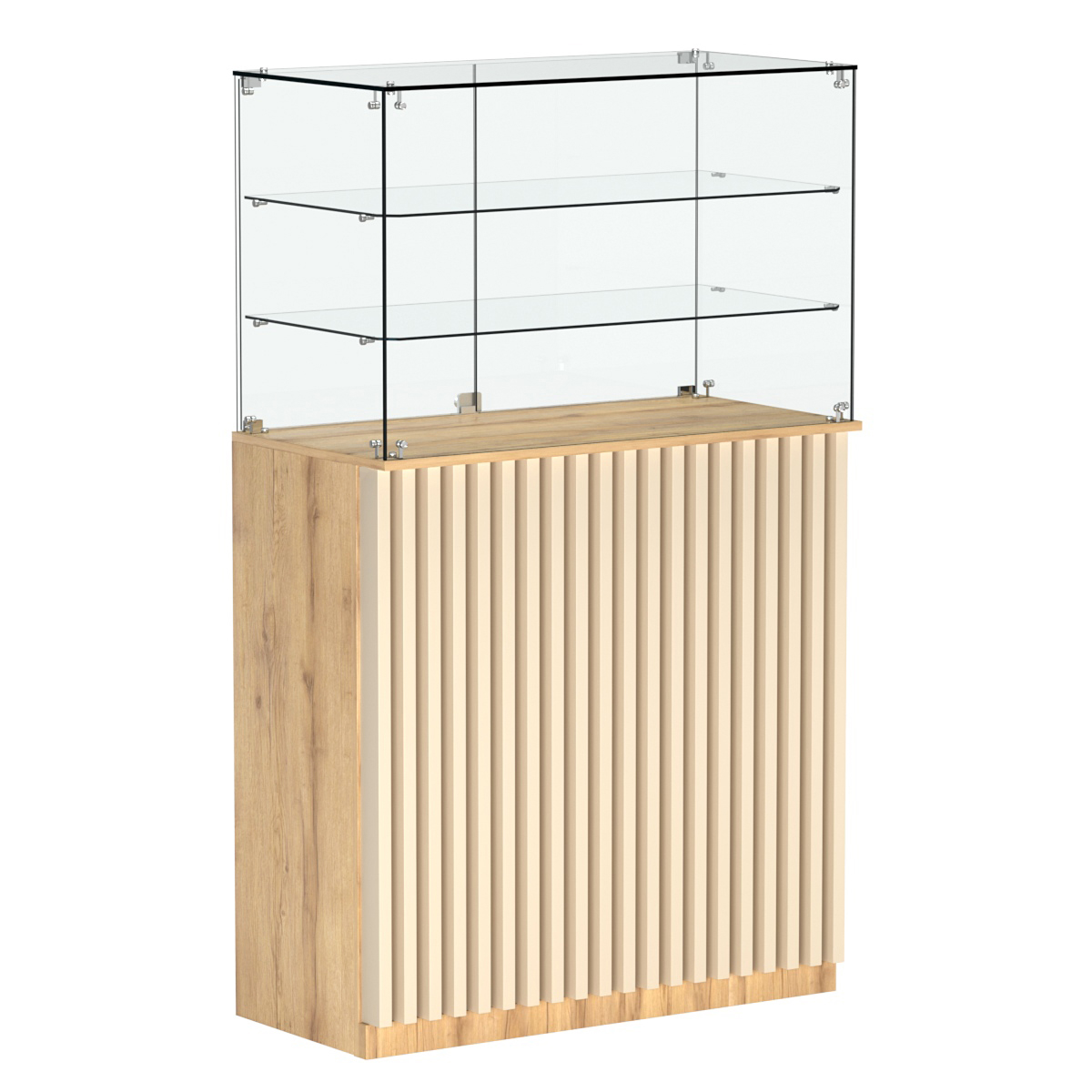 Торговый прилавок прямоугольный с планками и двумя полками ВЕРТИКАЛЬ №3 Дуб Золотистый и Крем Вайс