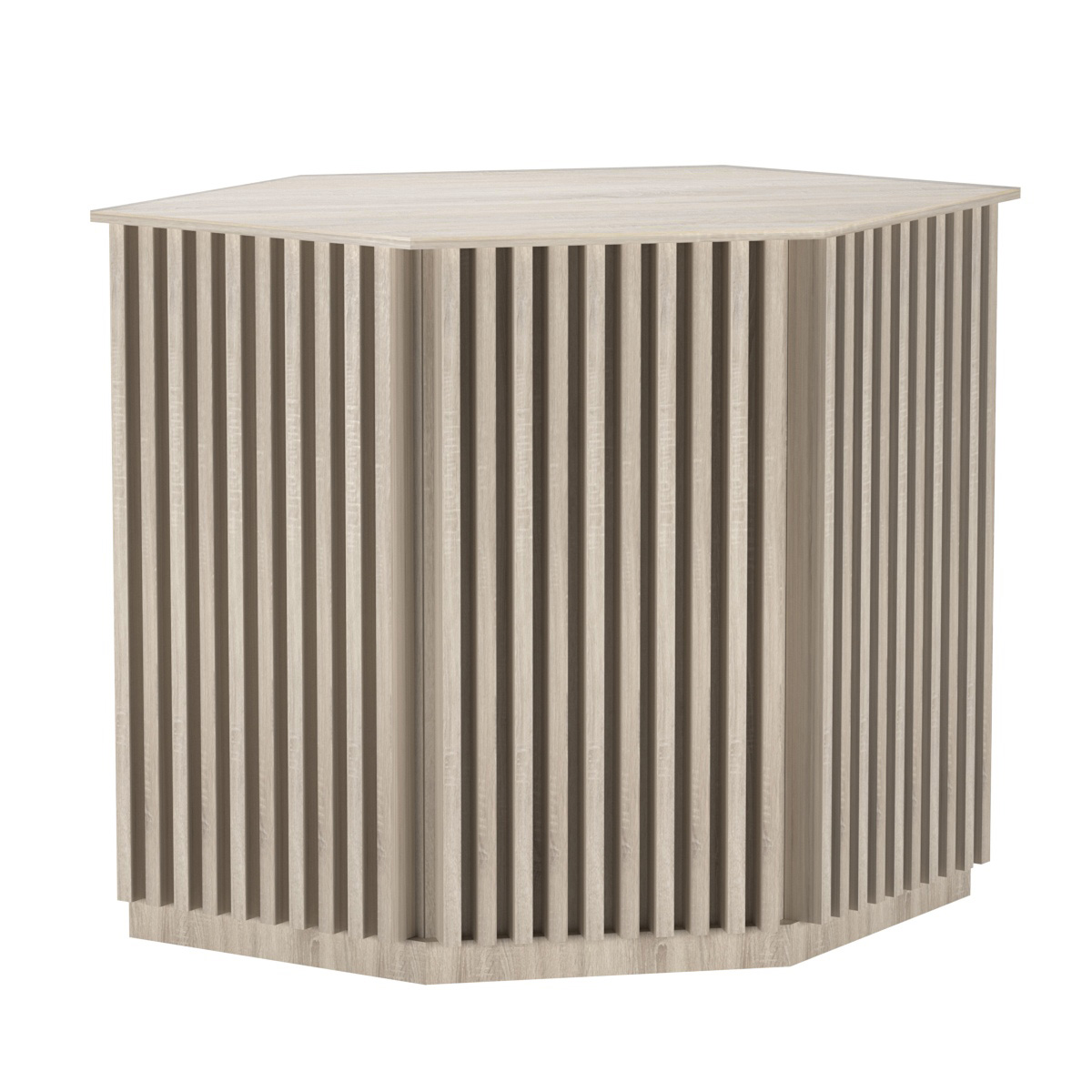 Торговый стол-прилавок шестигранный с планками серии ВЕРТИКАЛЬ №22 Дуб сонома