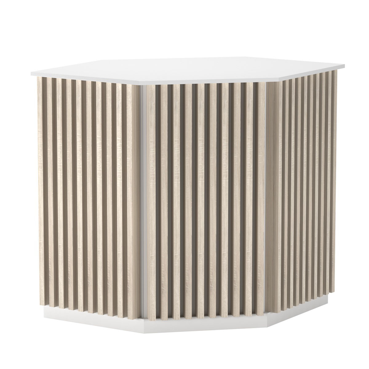 Торговый стол-прилавок шестигранный с планками серии ВЕРТИКАЛЬ №22 Белый + Дуб Сонома