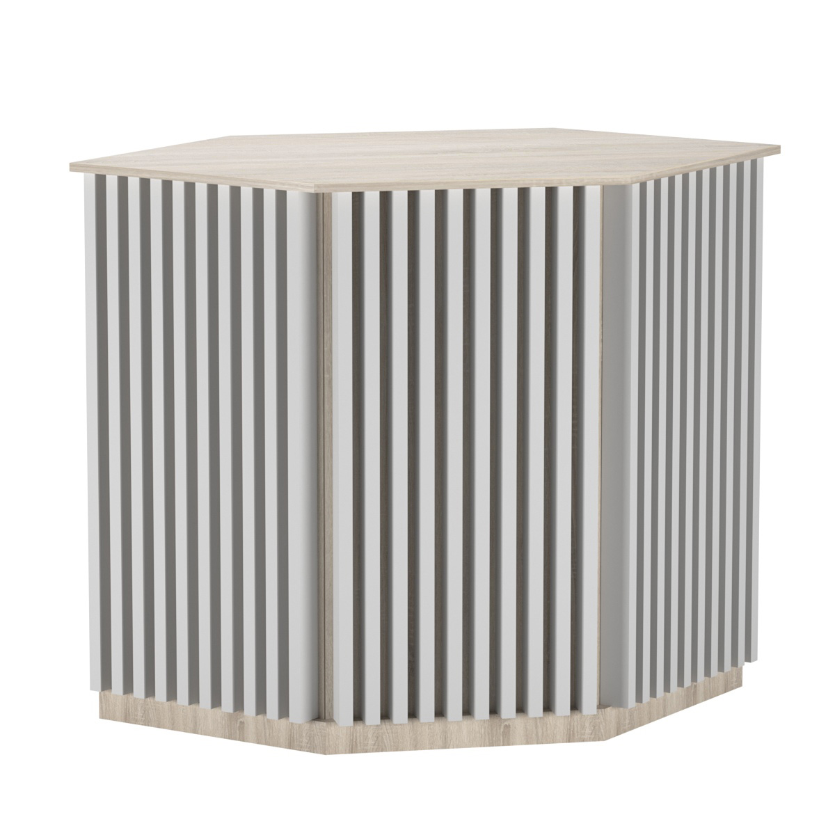 Торговый стол-прилавок шестигранный с планками серии ВЕРТИКАЛЬ №22 Дуб Сонома + Белый