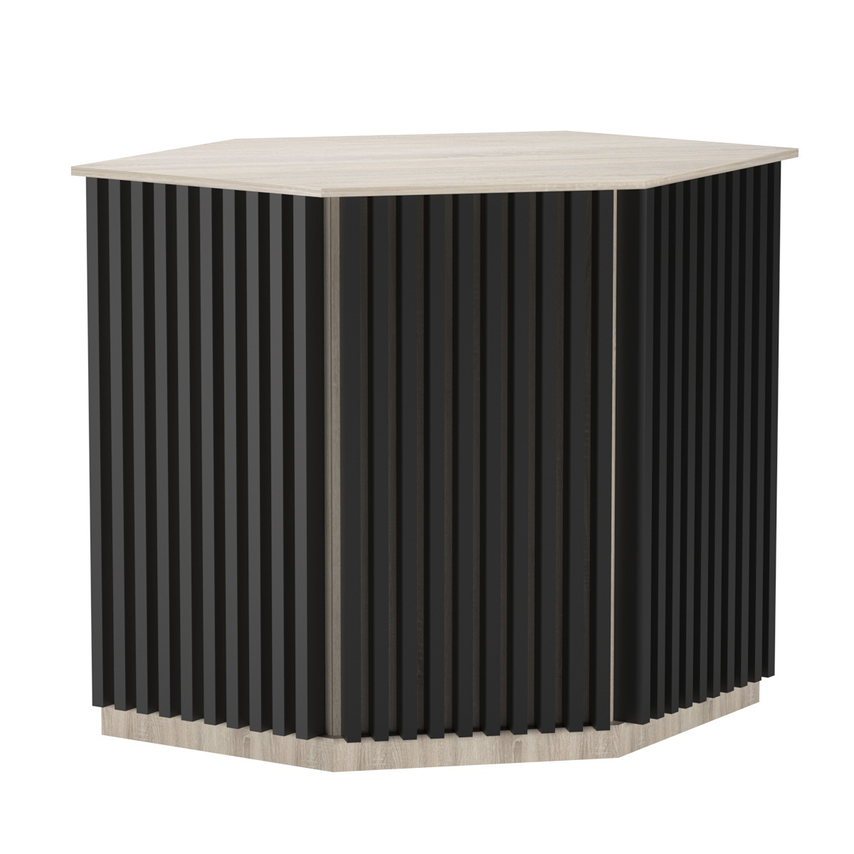 Торговый стол-прилавок шестигранный с планками серии ВЕРТИКАЛЬ №22 Дуб Сонома + Черный