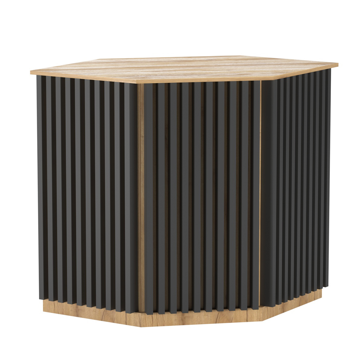 Торговый стол-прилавок шестигранный с планками серии ВЕРТИКАЛЬ №22 Дуб Золотистый и Темно-Серый