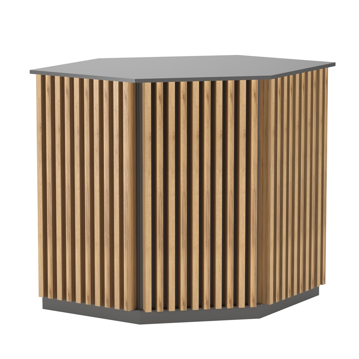 Торговый стол-прилавок шестигранный с планками серии ВЕРТИКАЛЬ №22 Темно-серый и Дуб Золотистый