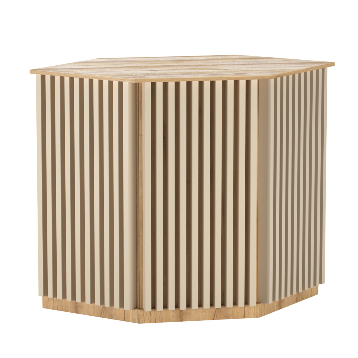 Торговый стол-прилавок шестигранный с планками серии ВЕРТИКАЛЬ №22 Дуб Золотистый и Крем Вайс