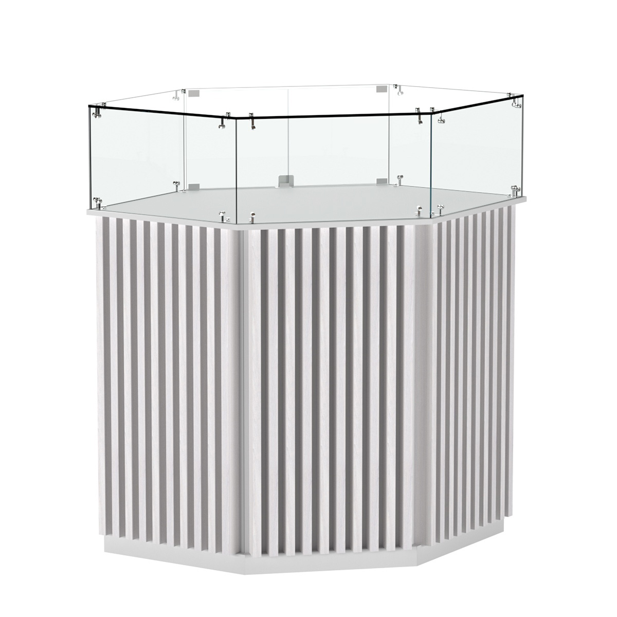 Торговый прилавок шестигранный с планками и стеклянным колпаком ВЕРТИКАЛЬ №6 Белый