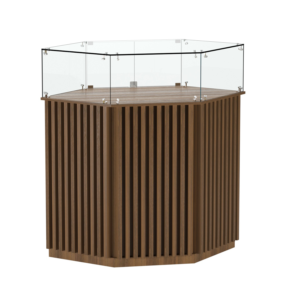 Торговый прилавок шестигранный с планками и стеклянным колпаком ВЕРТИКАЛЬ №6 Орех