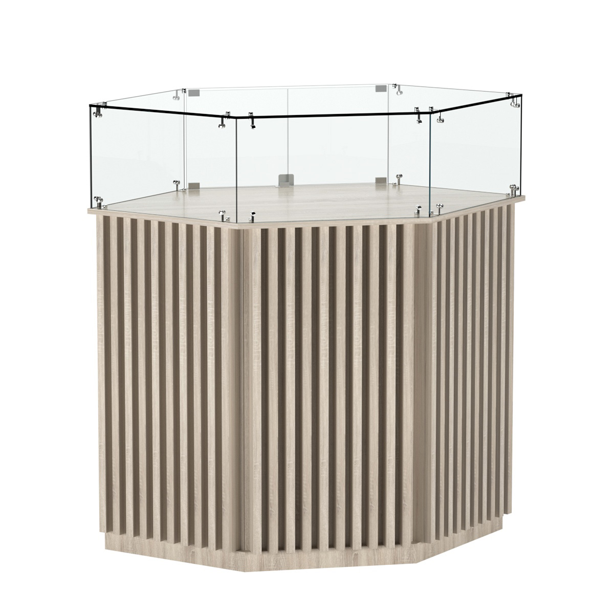 Торговый прилавок шестигранный с планками и стеклянным колпаком ВЕРТИКАЛЬ №6 Дуб сонома