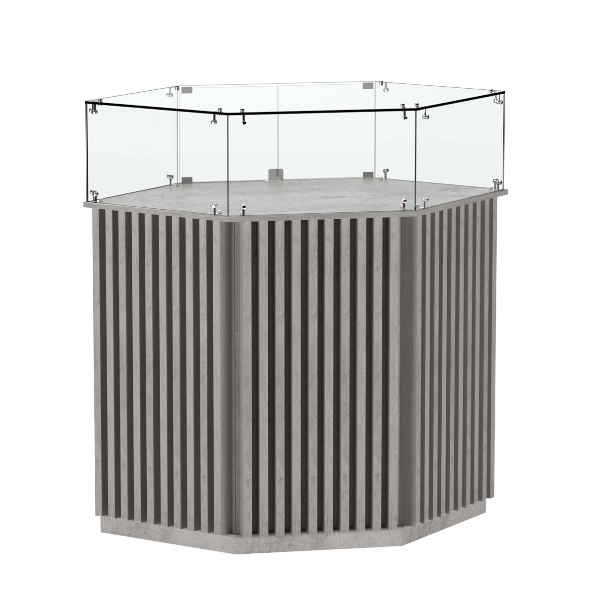 Торговый прилавок шестигранный с планками и стеклянным колпаком ВЕРТИКАЛЬ №6 Бетон Чикаго светло-серый F186 ST9