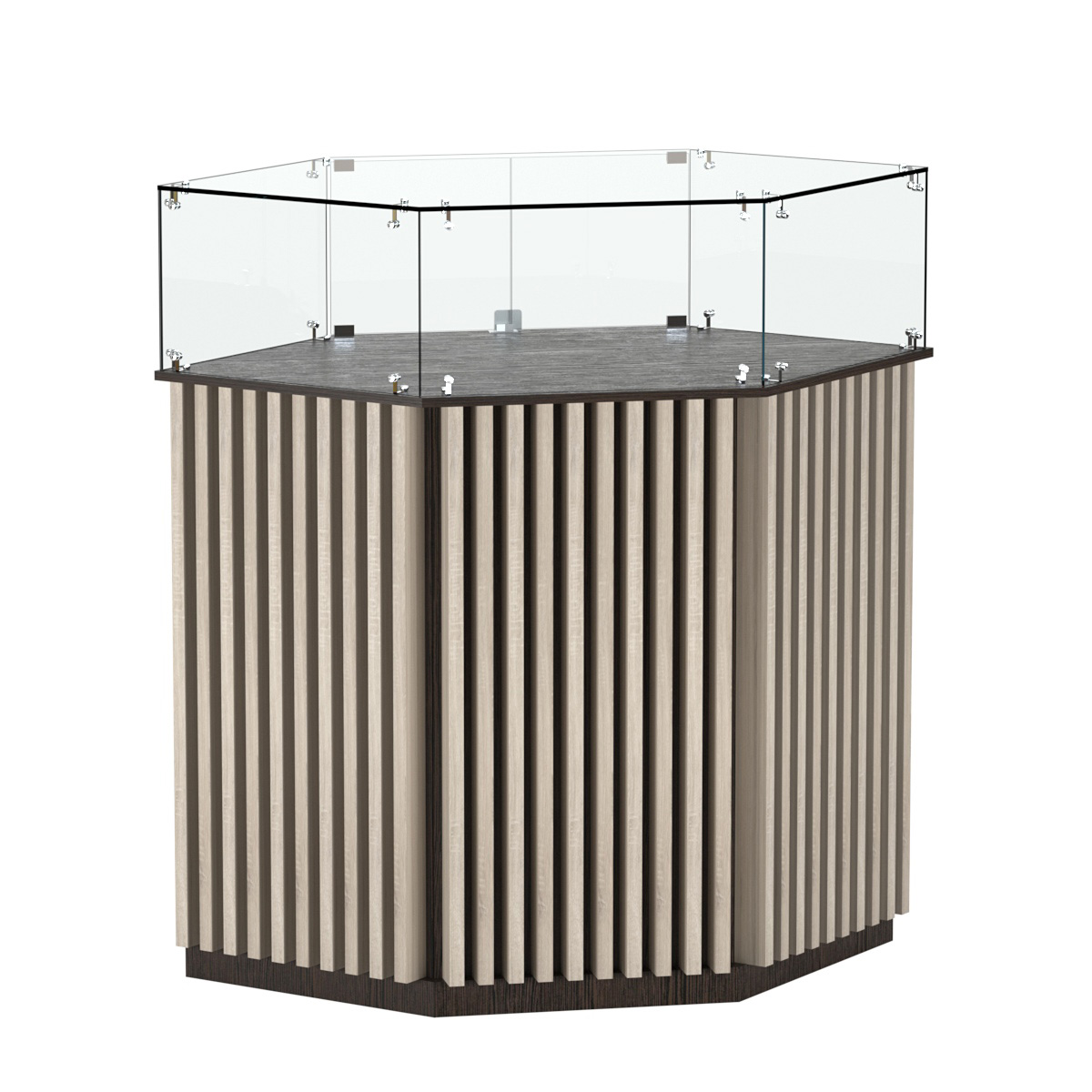 Торговый прилавок шестигранный с планками и стеклянным колпаком ВЕРТИКАЛЬ №6 Дуб Венге и Дуб Сонома