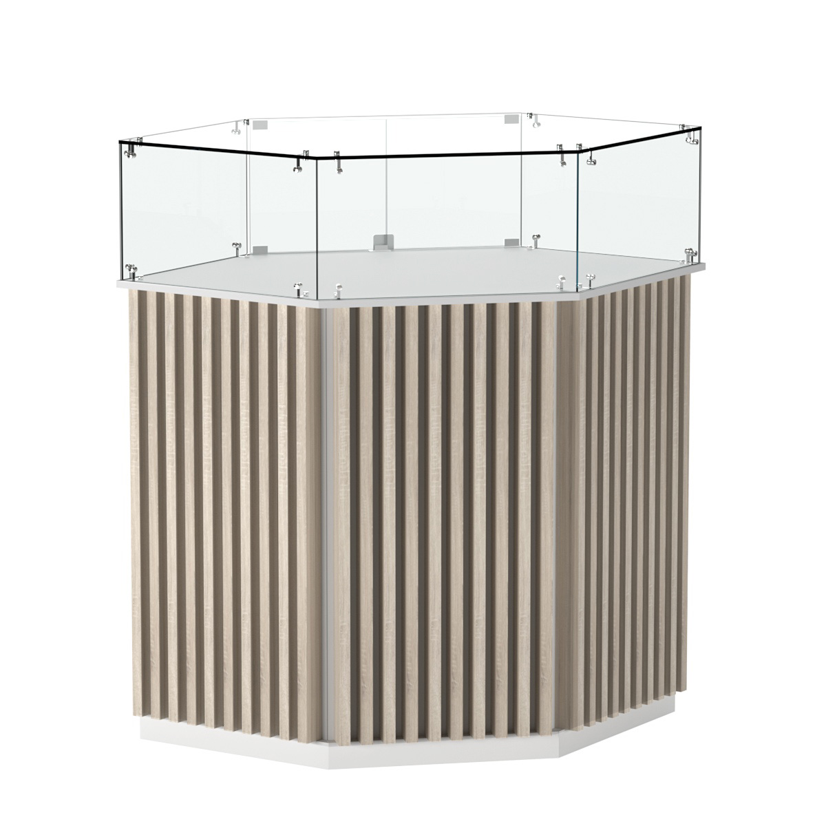 Торговый прилавок шестигранный с планками и стеклянным колпаком ВЕРТИКАЛЬ №6 Белый + Дуб Сонома