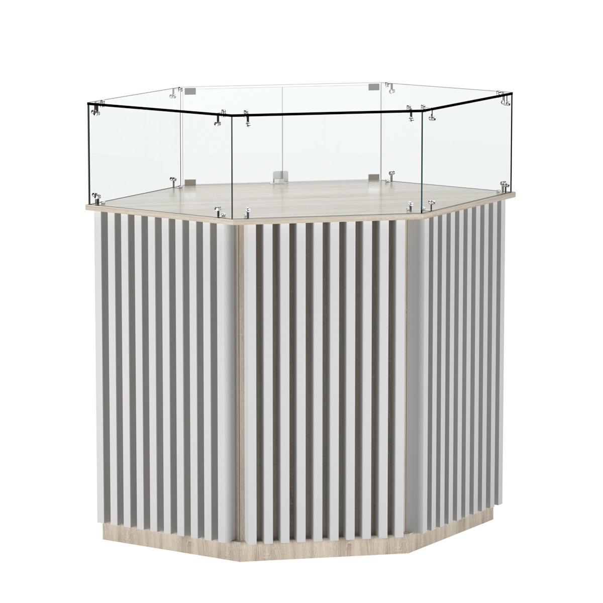 Торговый прилавок шестигранный с планками и стеклянным колпаком ВЕРТИКАЛЬ №6 Дуб Сонома + Белый