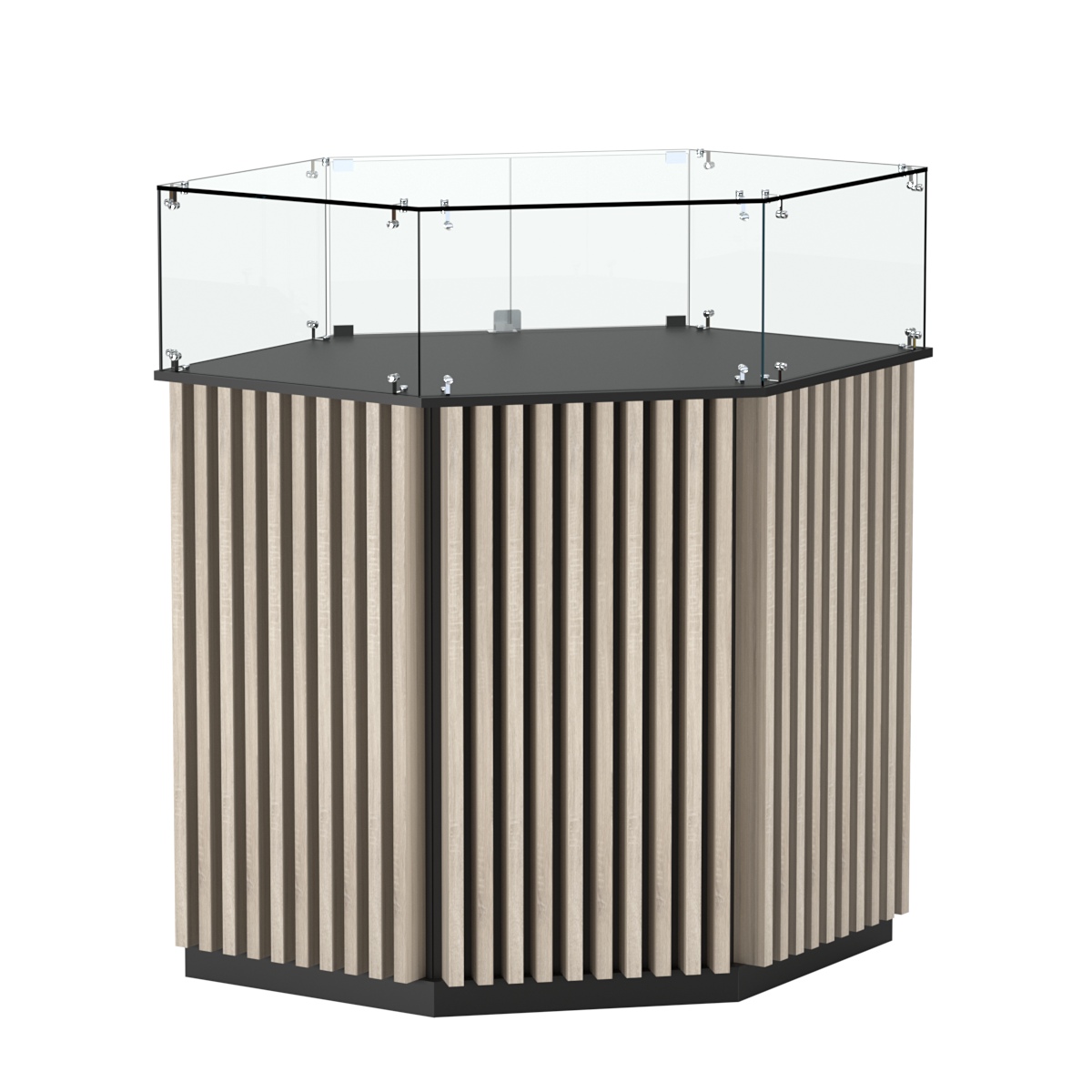 Торговый прилавок шестигранный с планками и стеклянным колпаком ВЕРТИКАЛЬ №6 Черный + Дуб Сонома