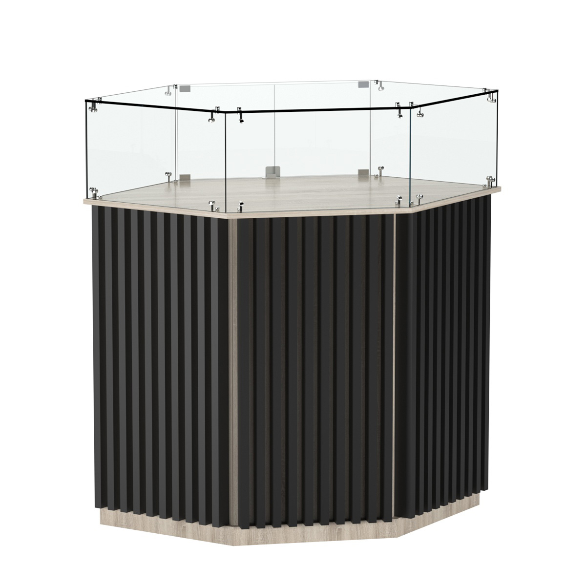 Торговый прилавок шестигранный с планками и стеклянным колпаком ВЕРТИКАЛЬ №6 Дуб Сонома + Черный