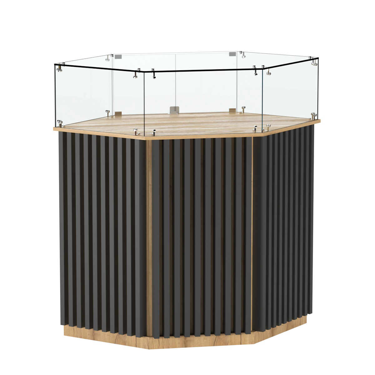 Торговый прилавок шестигранный с планками и стеклянным колпаком ВЕРТИКАЛЬ №6 Дуб Золотистый и Темно-Серый