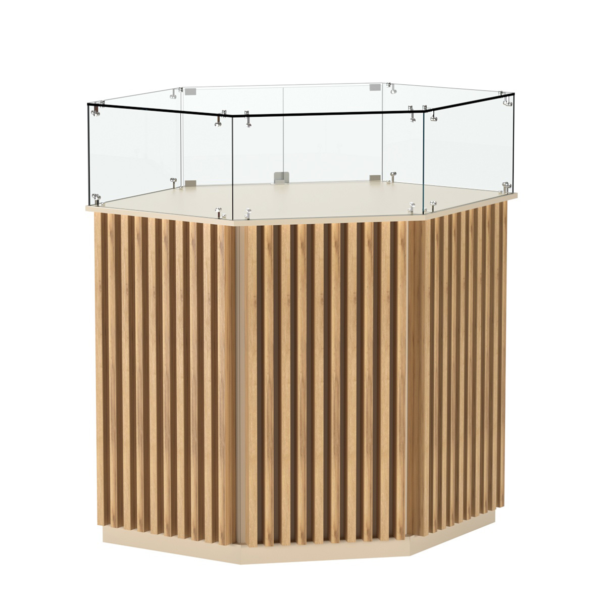 Торговый прилавок шестигранный с планками и стеклянным колпаком ВЕРТИКАЛЬ №6 Крем Вайс и Дуб Золотистый