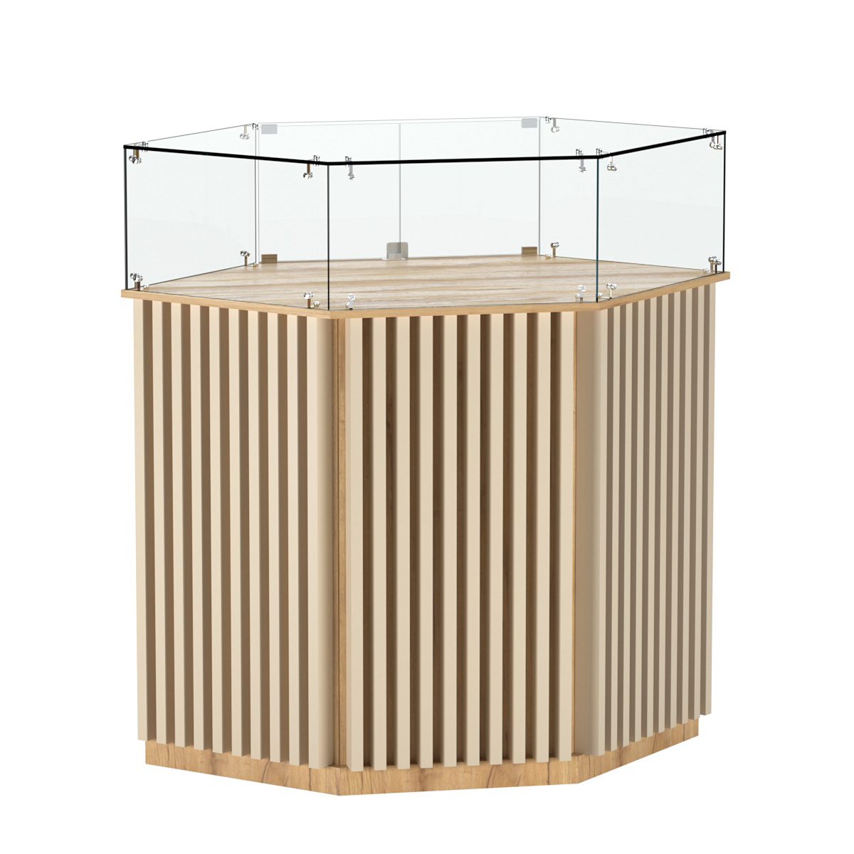 Торговый прилавок шестигранный с планками и стеклянным колпаком ВЕРТИКАЛЬ №6 Дуб Золотистый и Крем Вайс