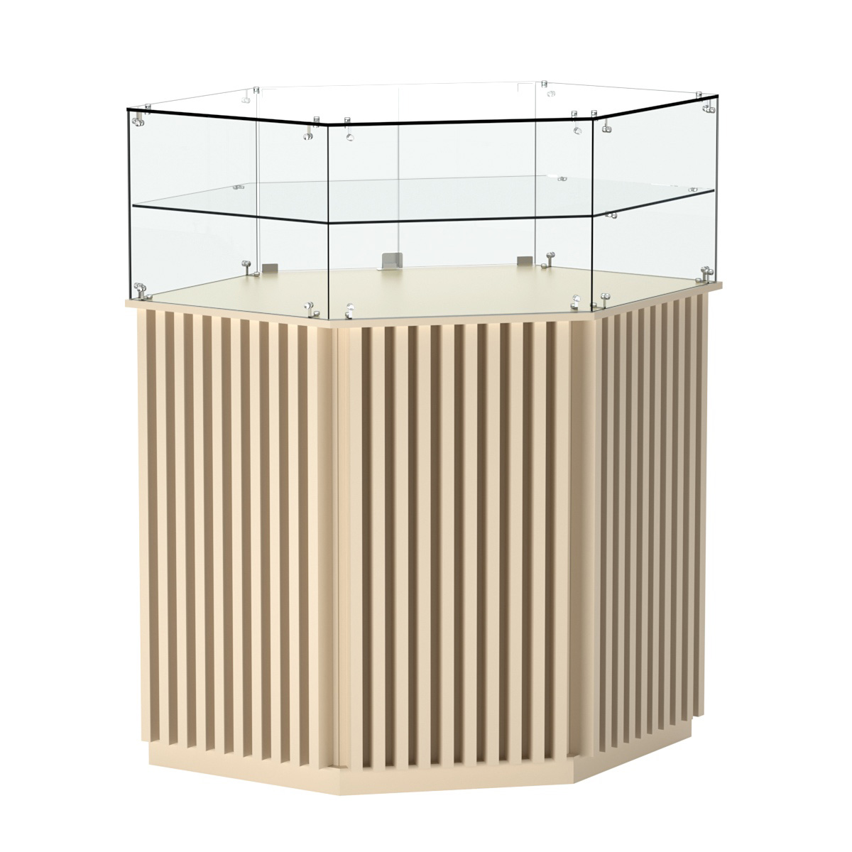 Торговый прилавок шестигранный с планками и одной полкой ВЕРТИКАЛЬ №7 Крем Вайс