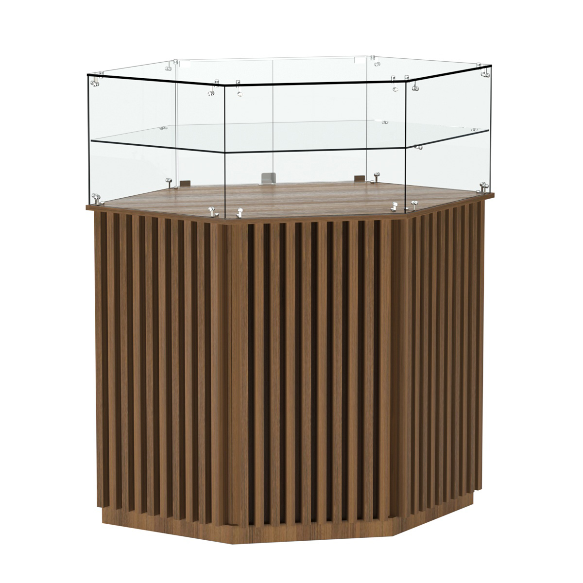 Торговый прилавок шестигранный с планками и одной полкой ВЕРТИКАЛЬ №7 Орех