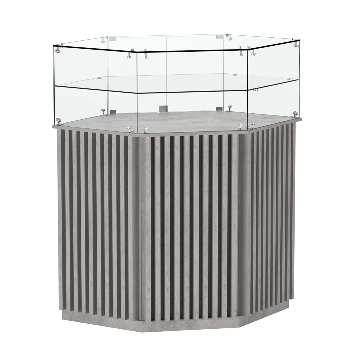 Торговый прилавок шестигранный с планками и одной полкой ВЕРТИКАЛЬ №7 Бетон Чикаго светло-серый F186 ST9