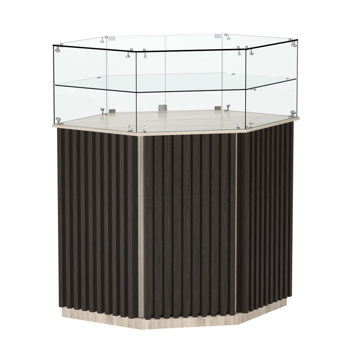 Торговый прилавок шестигранный с планками и одной полкой ВЕРТИКАЛЬ №7 Дуб Сонома + Дуб Венге