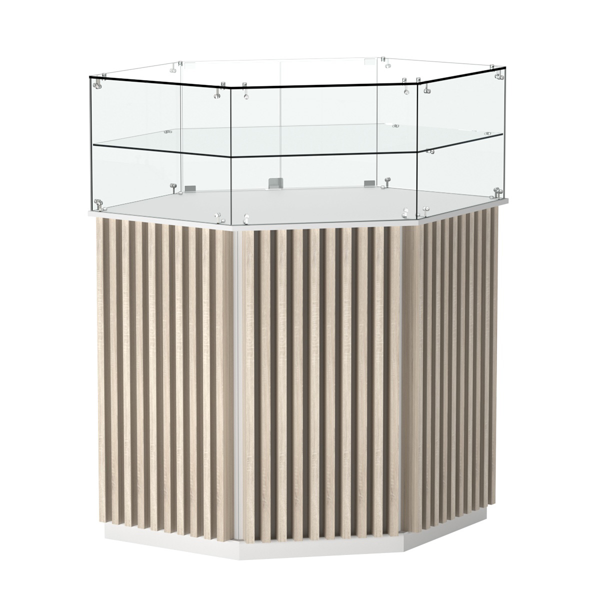 Торговый прилавок шестигранный с планками и одной полкой ВЕРТИКАЛЬ №7 Белый + Дуб Сонома